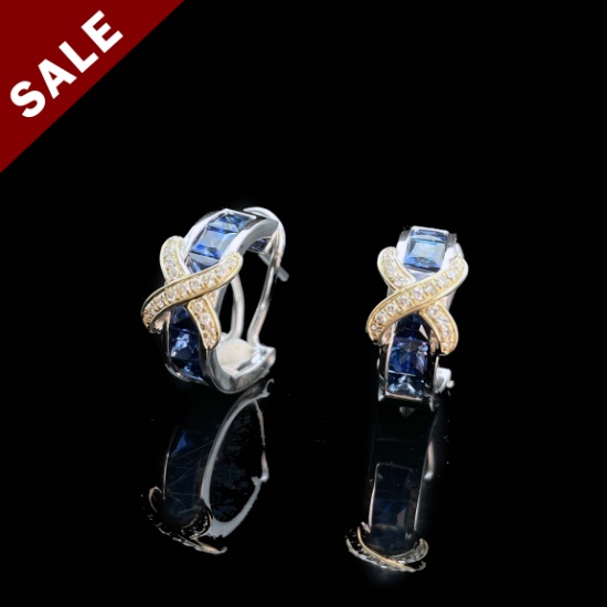 14k Gold 1.72 Ctw Vivid Blue Natural Sapphire & Diamond Earrings