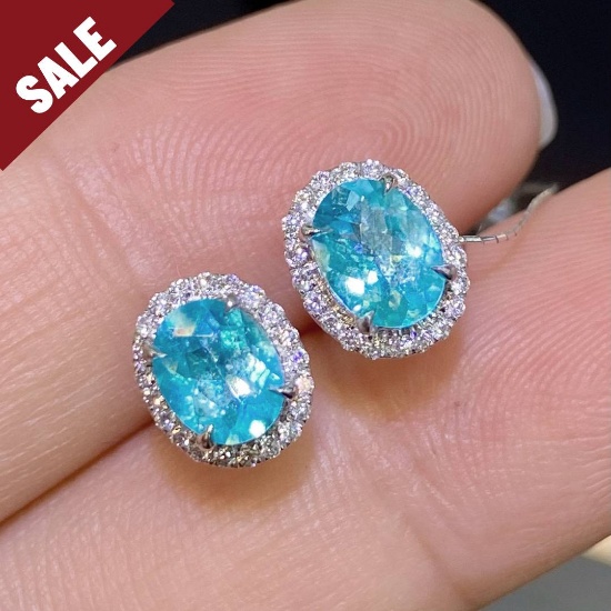 14k Gold 1.30 Ctw Natural Paraiba Tourmaline & Diamond Earrings