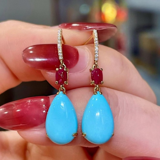 14k Gold 5.41 Ctw Natural Blue Turquoise & Ruby Earrings
