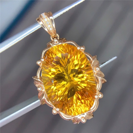 14k Gold 10.2 Ct Natural Citrine & Diamond Pendant( Without Chain )