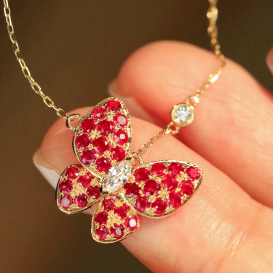 14k Gold 1.31 Ctw Natural Ruby & Diamond & Butterfly Necklace
