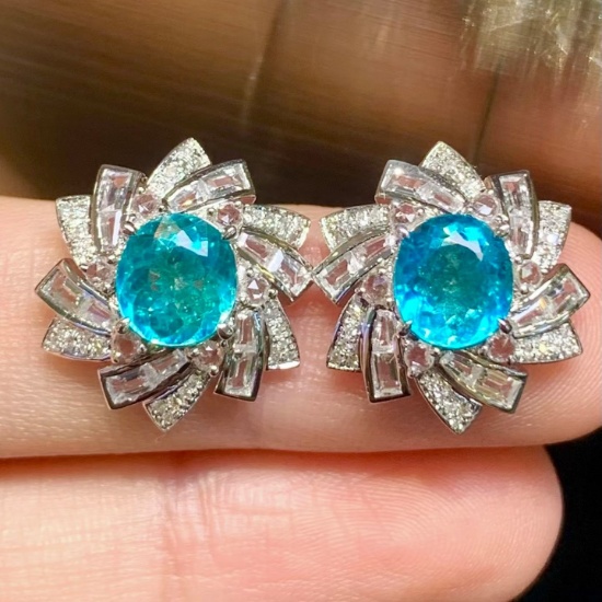 14k Gold 2.4 Ct Natural Paraiba Tourmaline & Diamond & Sapphire Earrings