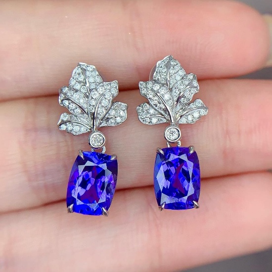 14k Gold 3.38 Ct Natural Tanzanite & Diamond Earrings