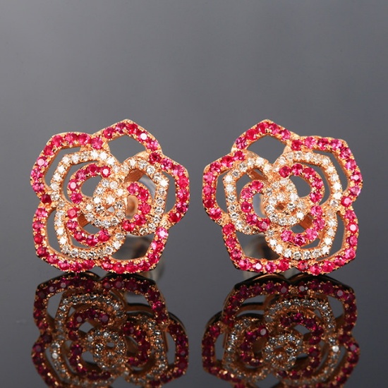 14k Gold 0.62 Ctw Natural Ruby & Diamond & Flowers Earrings