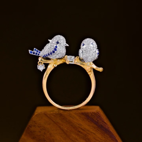 14k Gold 1.45 Ct Natural Sapphire & Diamond & Bird Ring
