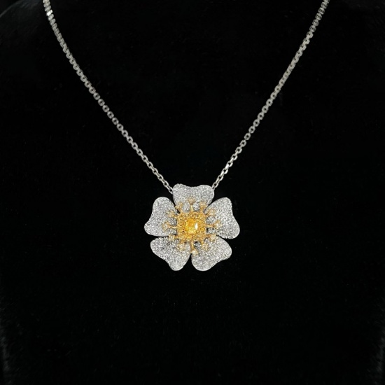 14k Gold 0.9 Ct Natural Color Diamond & Flowers Pendant( Without Chain )