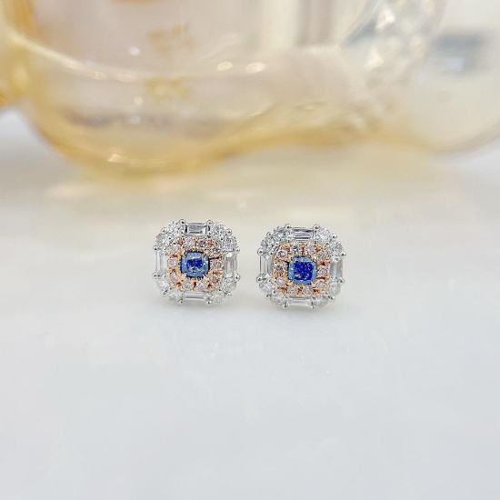 14k Gold 0.64 Ctw Natural Blue Diamond & Diamond Earrings