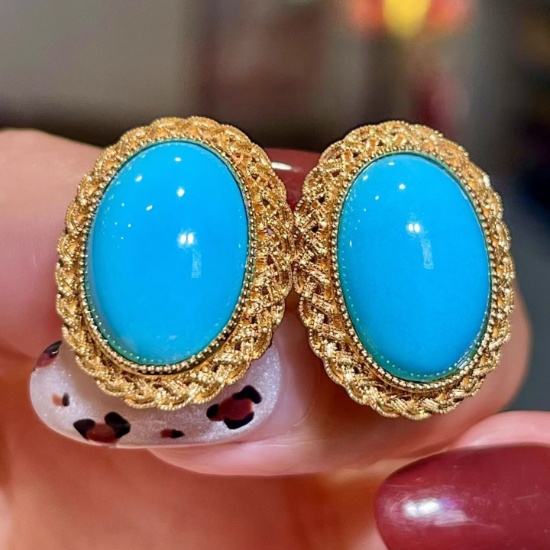 14k Gold 8.86 Ct Natural Blue Turquoise Earrings