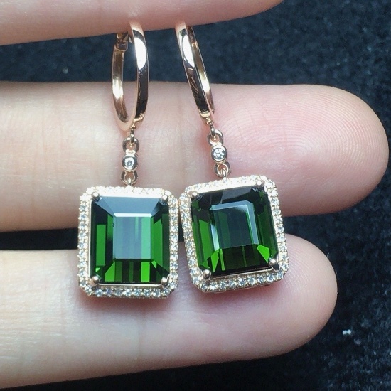14k Gold 7.28 Ct Natural Tourmaline & Diamond Earrings