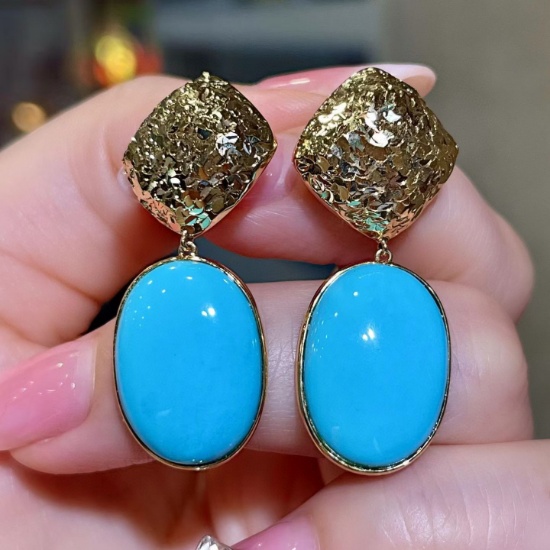14k Gold 16.6 Ct Natural Blue Turquoise Earrings
