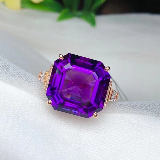 14k Gold 14.02 Ct Natural Amethyst & Diamond & Sapphire Ring