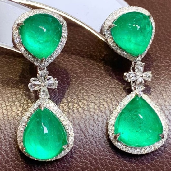 14k Gold 7.3 Ct Natural Emerald & Diamond & Sapphire Earrings