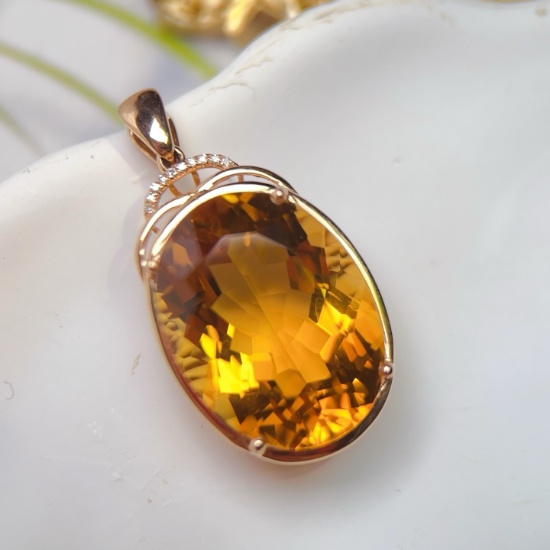 14k Gold 17.08 Ctw Natural Citrine & Diamond Pendant( Without Chain )