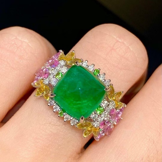 14k Gold 4.32 Ct Natural Emerald & Diamond & Coloured Gemstone Ring