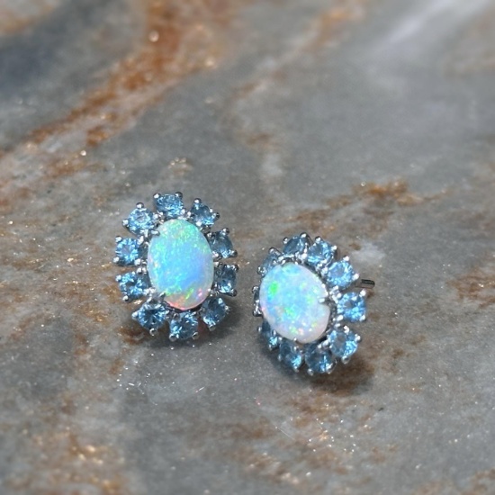 14k Gold 2.00 Ctw Natural Opal & Aquamarine Earrings