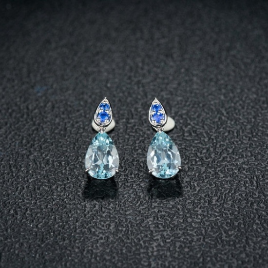 14k Gold 3.66 Ct Natural Aquamarine & Sapphire Earrings