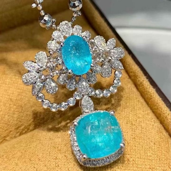 14k Gold 2.6 Ct Natural Paraiba Tourmaline & Diamond Pendant( Without Chain )