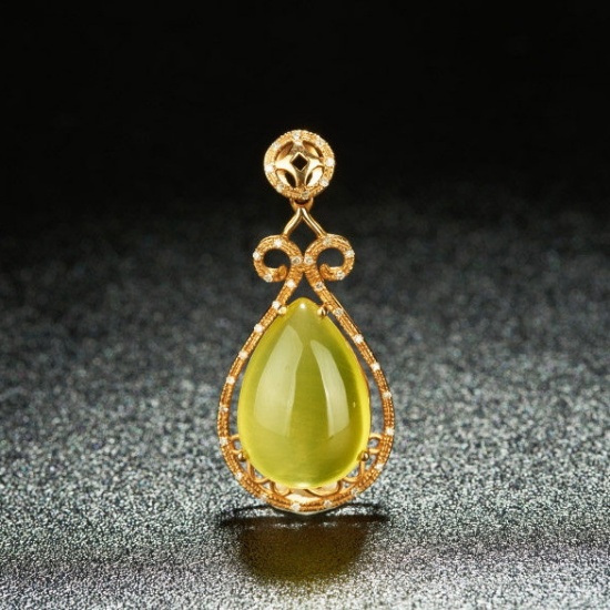 14k Gold 11.4 Ct Natural Prehnite & Diamond Pendant( Without Chain )