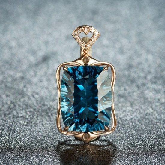 14k Gold 16.7 Ct Natural Topaz & Diamond Pendant( Without Chain )