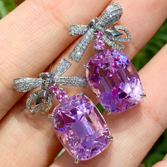 14k Gold 23.8 Ct Natural Kunzite & Diamond Earrings