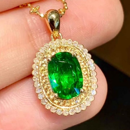 14k Gold 1.55 Ct Vivid Green Natural Tsavorite & Diamond Pendant( Without Chain )