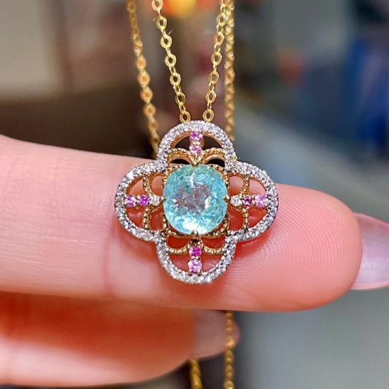 14k Gold 1.16 Ctw Natural Paraiba Tourmaline & Diamond Pendant( Without Chain )