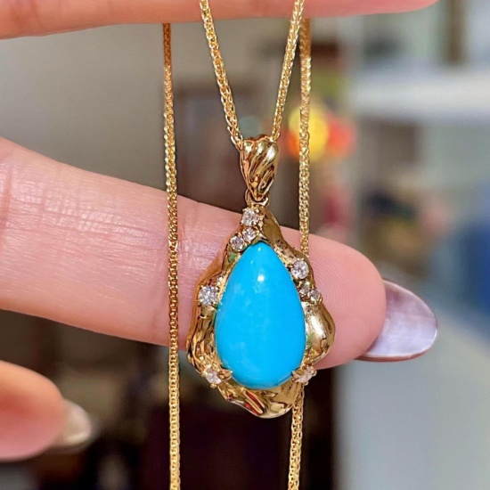 14k Gold 3.21 Ctw Natural Blue Turquoise & Diamond Pendant( Without Chain )