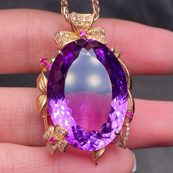 14k Gold 32.05 Ct Natural Amethyst & Diamond Pendant( Without Chain )