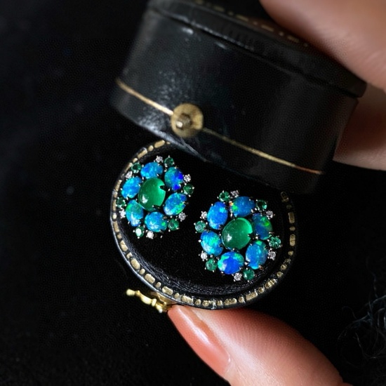 14k Gold 1 Ct Natural Emerald & Opal & Diamond & Emerald Earrings
