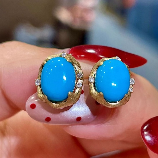 14k Gold 3.84 Ctw Natural Blue Turquoise & Diamond Earrings