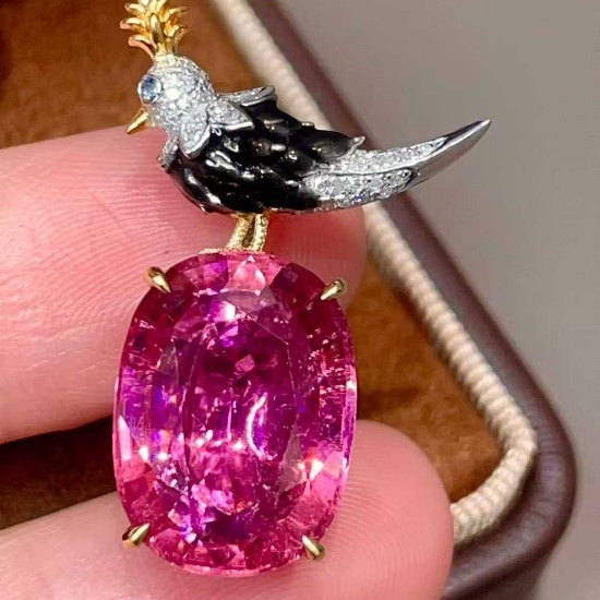 14k Gold 9.05 Ct Natural Tourmaline & Diamond Pendant( Without Chain )