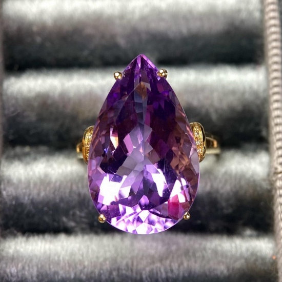 14k Gold 12.85 Ct Natural Amethyst & Diamond Ring