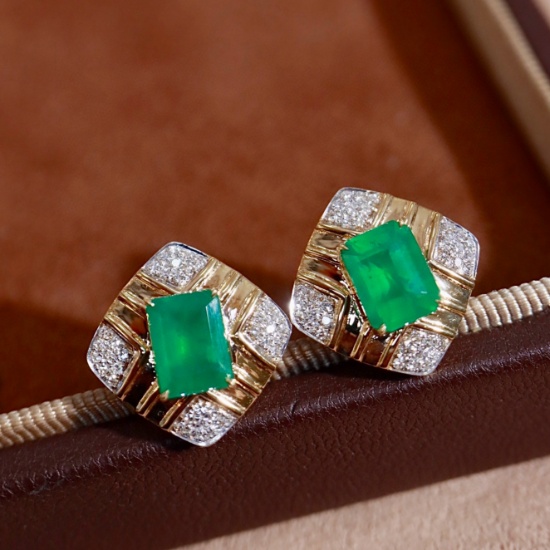 14k Gold 2.46 Ctw Natural Emerald & Diamond Earrings