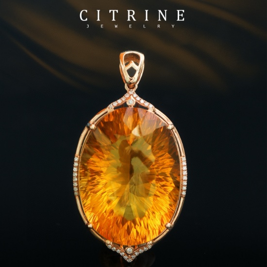14k Gold 39.52 Ctw Natural Citrine & Diamond Pendant( Without Chain )