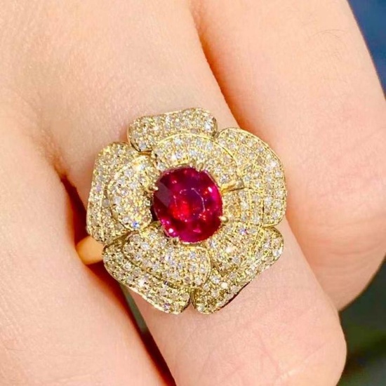 14k Gold 1 Ct Natural Ruby & Diamond & Flowers Ring