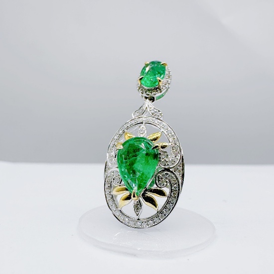 14k Gold 1.34 Ctw Natural Emerald & Diamond Pendant( Without Chain )