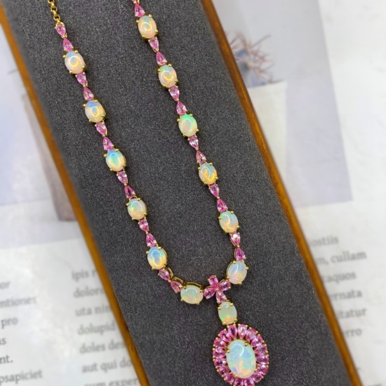 14k Gold 6.45 Ctw Natural Opal & Sapphire Necklace