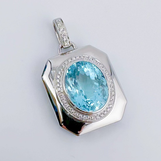 14k Gold 7.67 Ctw Natural Aquamarine & Diamond Pendant( Without Chain )