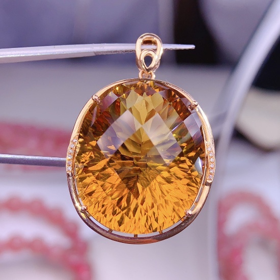 14k Gold 51 Ct Natural Citrine & Diamond Pendant( Without Chain )