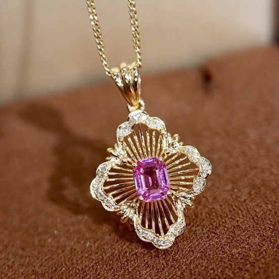 14k Gold 0.59 Ctw Natural Padparadscha Sapphire & Diamond Pendant( Without Chain )