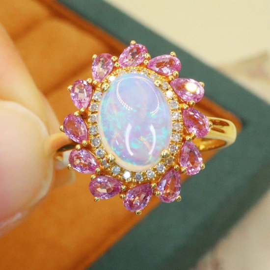 14k Gold 1.47 Ctw Natural Opal & Sapphire Ring