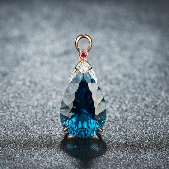 14k Gold 21.45 Ct Natural Topaz & Diamond & Ruby Pendant( Without Chain )
