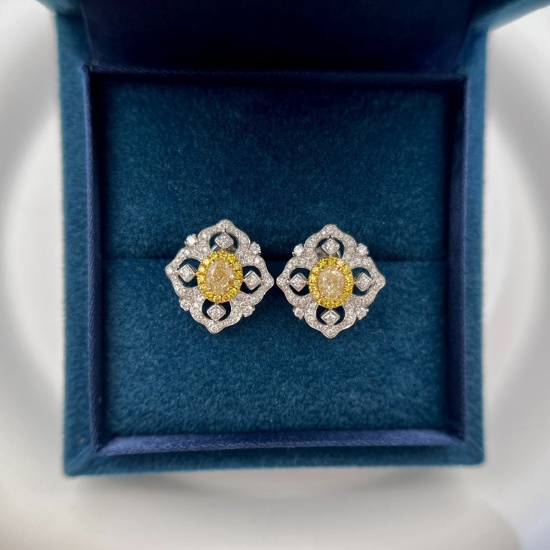 14k Gold 0.61 Ct Natural Yellow Diamond & Diamond Earrings