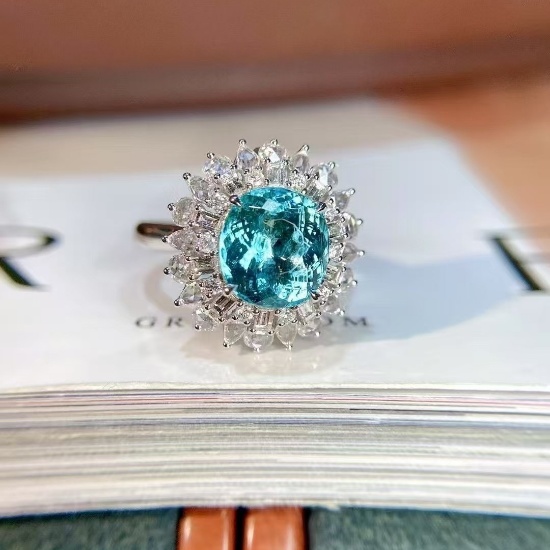 14k Gold 3.84 Ctw Natural Paraiba Tourmaline & Diamond Ring