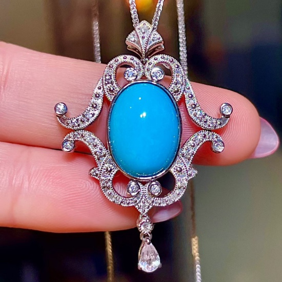 14k Gold 5.63 Ctw Natural Blue Turquoise & Sapphire Pendant( Without Chain )