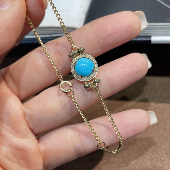 14k Gold 1.4 Ct Natural Blue Turquoise & Diamond & Emerald Bracelet