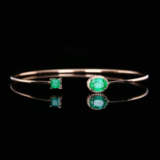 14k Gold 1.67 Ct Vivid Green Natural Emerald & Diamond Bangle