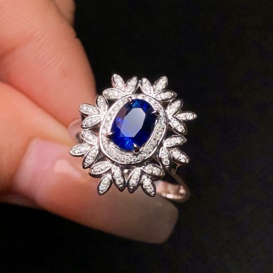 14k Gold 1.34 Ctw Vivid Blue Natural Sapphire & Diamond Ring