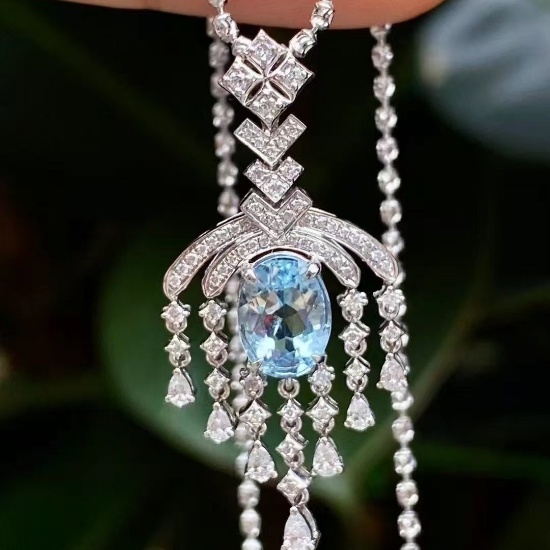 14k Gold 1.62 Ctw Natural Aquamarine & Diamond Pendant( Without Chain )