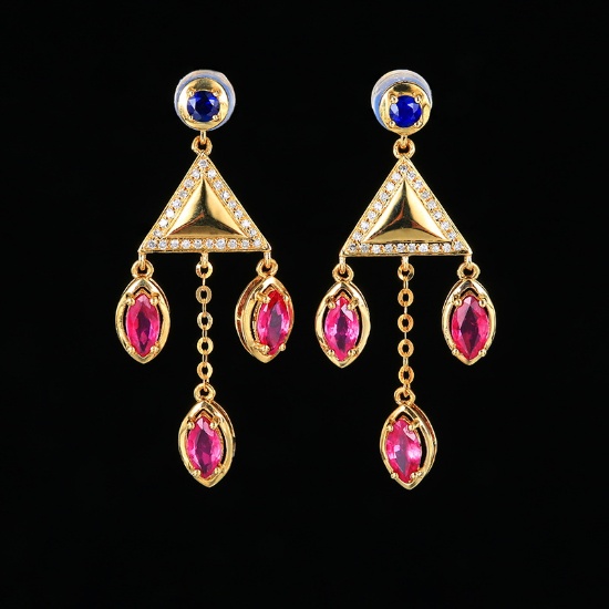 14k Gold 1.80 Ctw Natural Ruby & Sapphire & Diamond Earrings